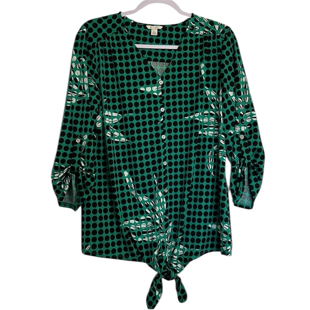 Cato Green Black + White Polka Dot Tie Up Blouse Size Large